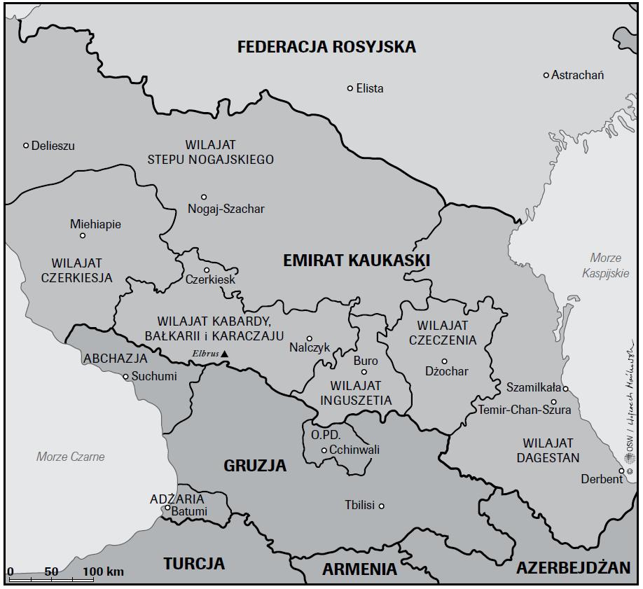 Podział terytorialny Emiratu Kaukaskiego Źródło: Maciej Falkowski, Na peryferiach światowego dżihadu. Kaukaz Północny: iluzja stabilizacji, OSW 2014.