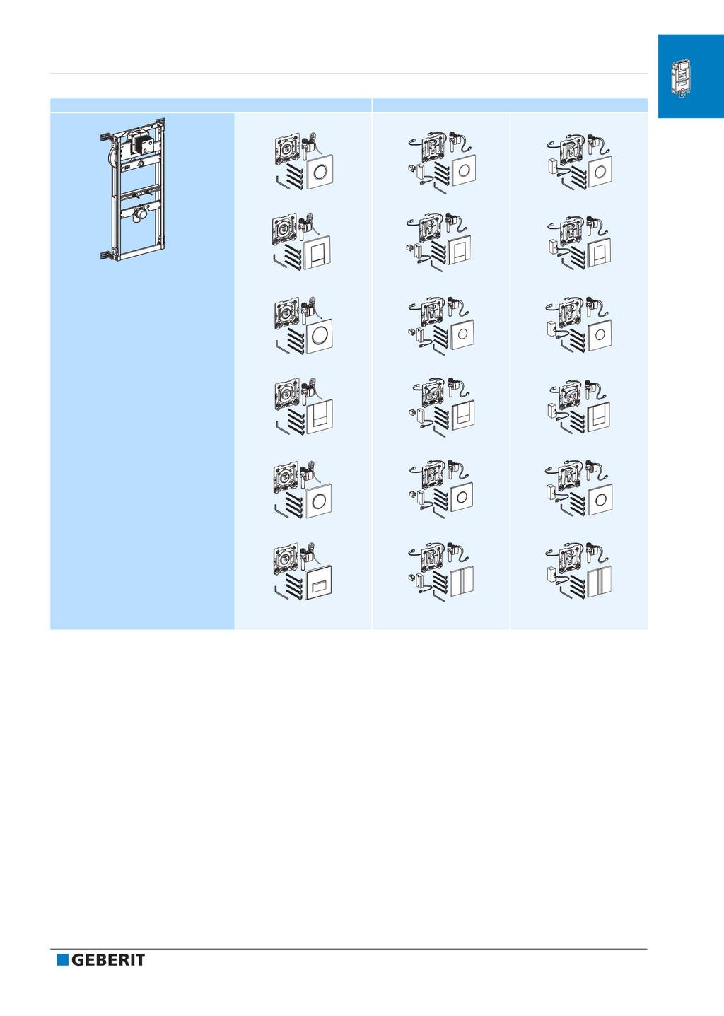 systemu Armatura dla elementów Geberit Kombifix do pisuarów Uruchamianie pneumatyczne Uruchamianie elektroniczne (podczerwień) - Zasilanie bateryjne Zasilanie 23 V 116.11.xx.