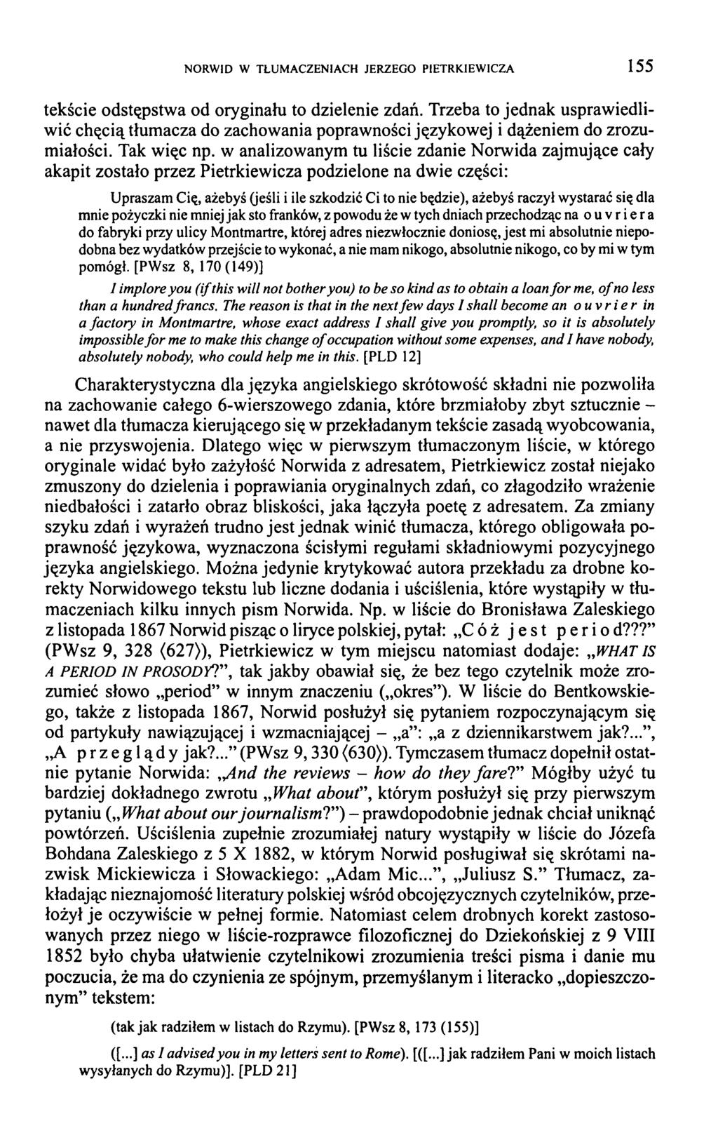 NORWID W TŁUMACZENIACH JERZEGO PIETRKIEWICZA 1 5 5 tekście odstępstwa od oryginału to dzielenie zdań.