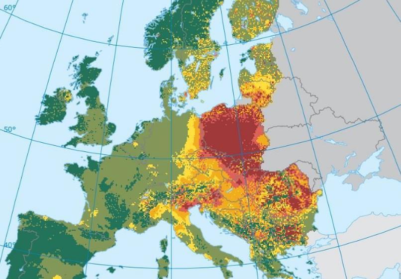 Mapa przedstawia średnioroczne stężenie rakotwórczego