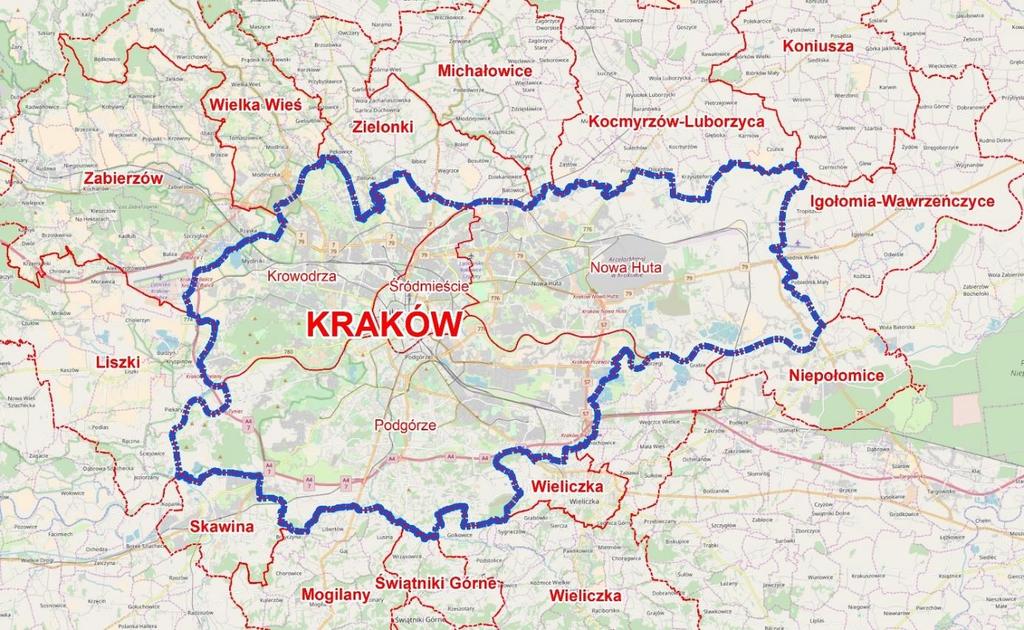 4 INFORMACJE OGÓLNE 4.1 Położenie Gminy Miejskiej Kraków Gmina Miasto Kraków usytuowane jest w środkowo zachodniej części województwa małopolskiego. Kraków ma status miasta na prawach powiatu.