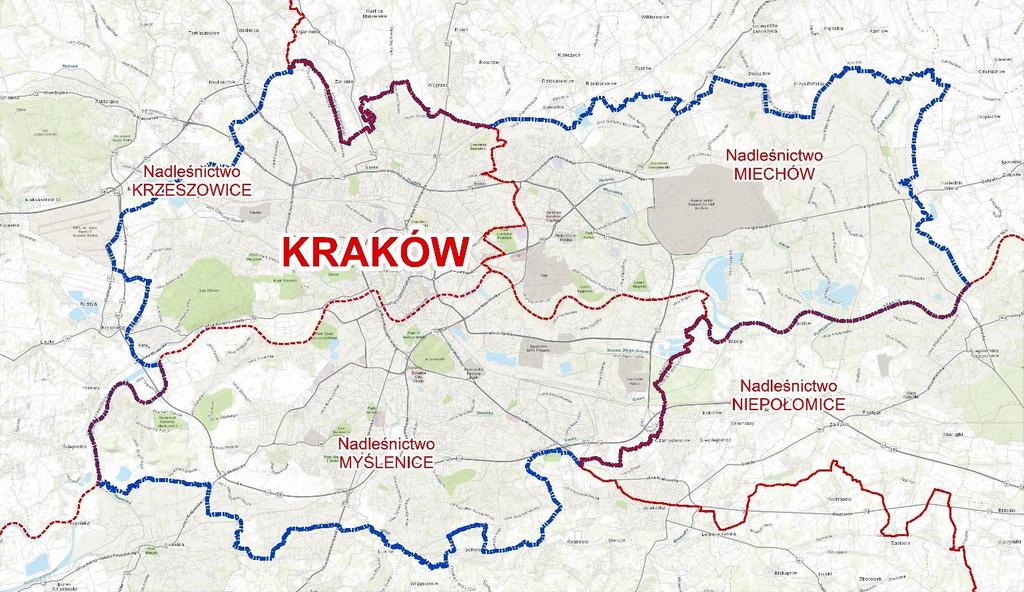 Mapa zasięgu terytorialnego Nadleśnictw RDLP Kraków na terenie Miasta Krakowa Regionalizacja Przyrodniczo Leśna Według obowiązującej w LP regionalizacji przyrodniczo-leśnej (Zielony R.