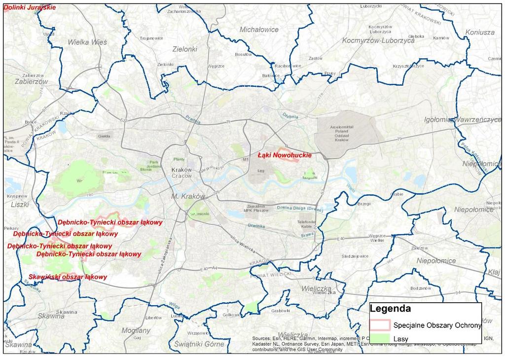 Zasięg obszarów Natura 2000 występujących w zasięgu Gminy Miejskiej Kraków Opis obszarów Natura 2000 stanowi wyciąg ze Standardowych Formularzy Danych.