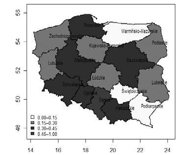 Rysunek 1. Regiony według wartości W kolejnym grupowaniu posłużono się metodą trzech średnich.