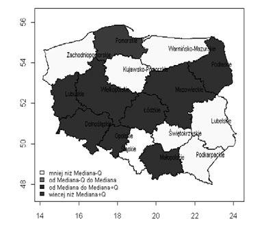 Wartościami wysokimi charakteryzowały się województwa śląskie i pomorskie. Wartościami przeciwnymi, tzn.