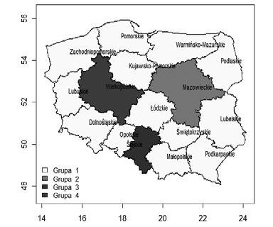 W grupie 2 znalazło się tylko województwo mazowieckie, które charakteryzuje się najwyższymi wartościami dla: przeciętnego miesięcznego dochodu rozporządzalnego (132,3%), przeciętnymi miesięcznymi