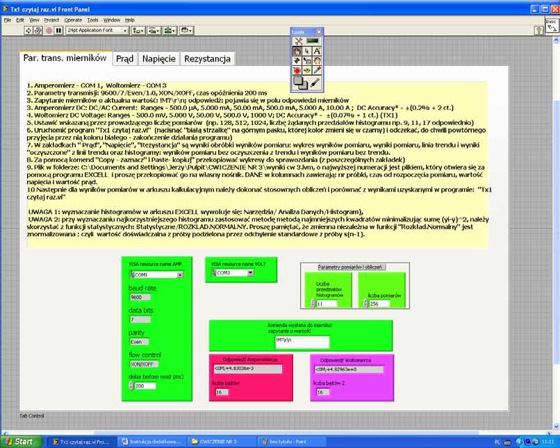 Panel Frontowy: wpisujemy liczbę pomiarów i liczbe podprzedziałów histogramów