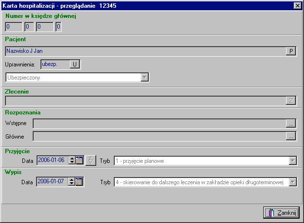 Dane można przeglądać z poziomu karty kontaktu w części Hospitalizacja (dane mogą być jedynie przeglądane, bez możliwości modyfikacji) lub z poziomu listy hospitalizacji - menu