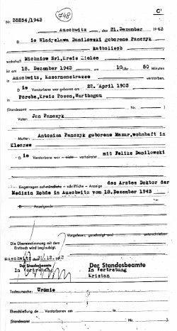 Akt zgonu obozu KL Auschwitz Władysławy