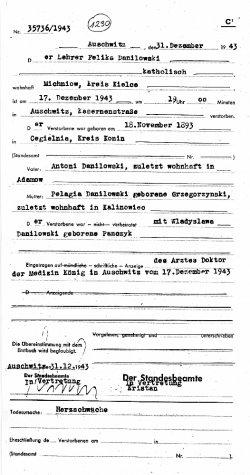 Akt zgonu obozu KL Auschwitz Feliksa