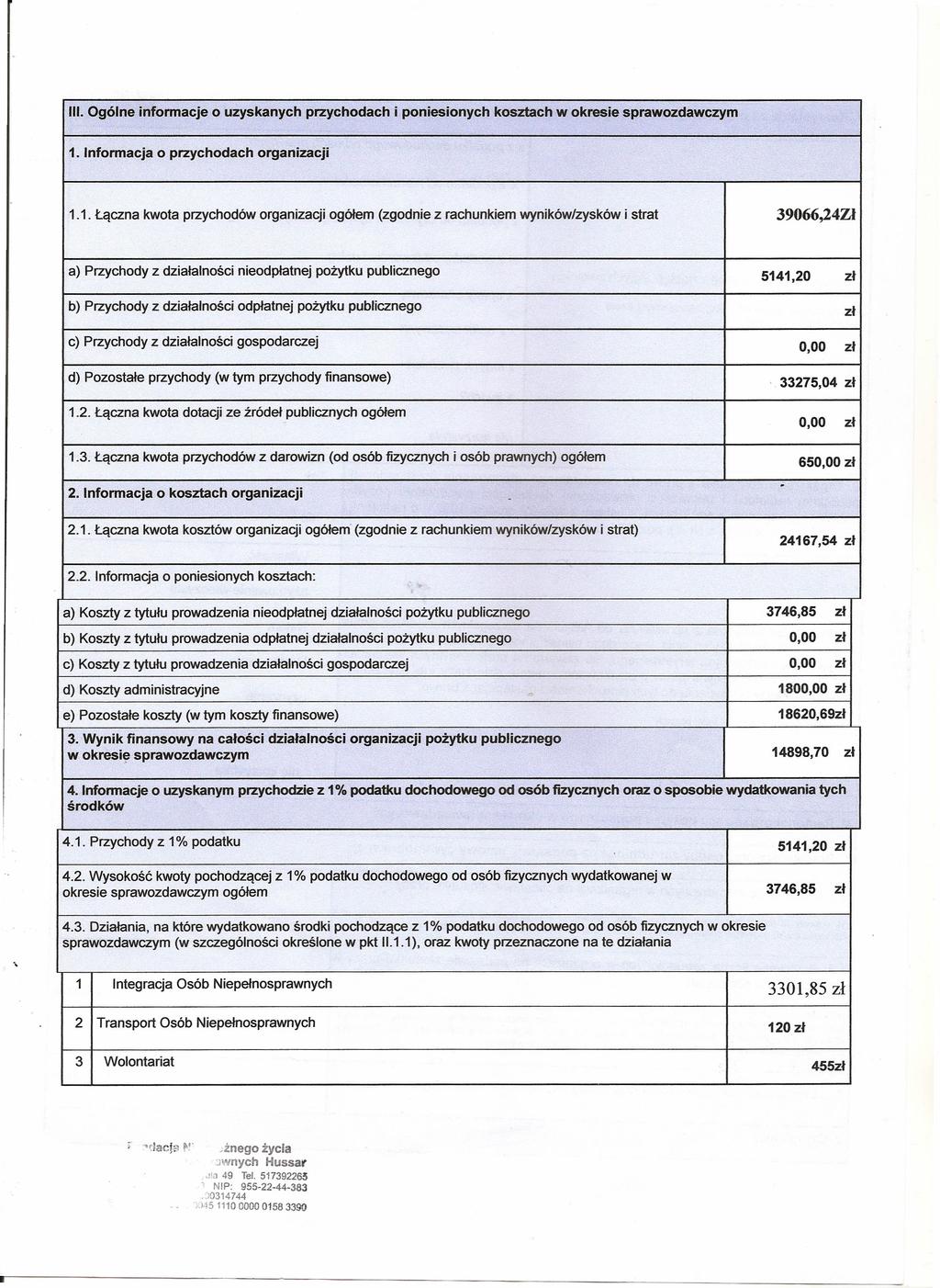 III Ogólne informacje 1 Informacja o uzyskanych o przychodach przychodach i posionych kosztach 11 Łączna kwota przychodów ogółem (zgod z rachunkiem wyników/zysków 39066,24Zł i strat a) Przychody z