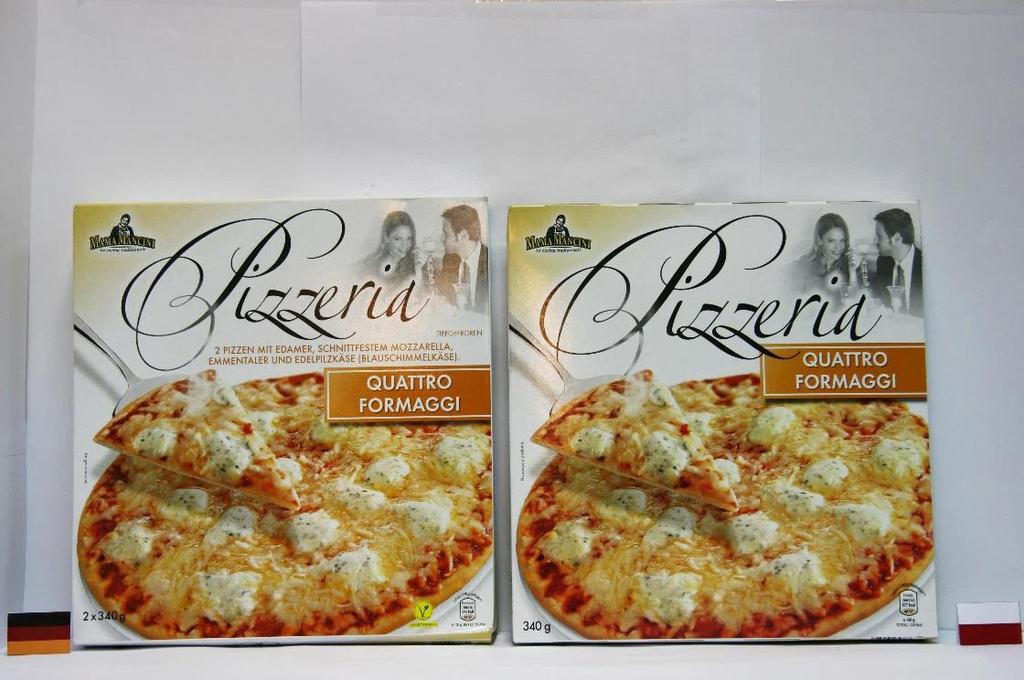 Pizza mrożona (ALDI) Oznakowa: wartość odżywcza na opakowaniu polskiego produktu bardziej czytelna (większa czcionka), brak nazwy produktu z przodu opakowania w polskim produkcie oraz informacji że
