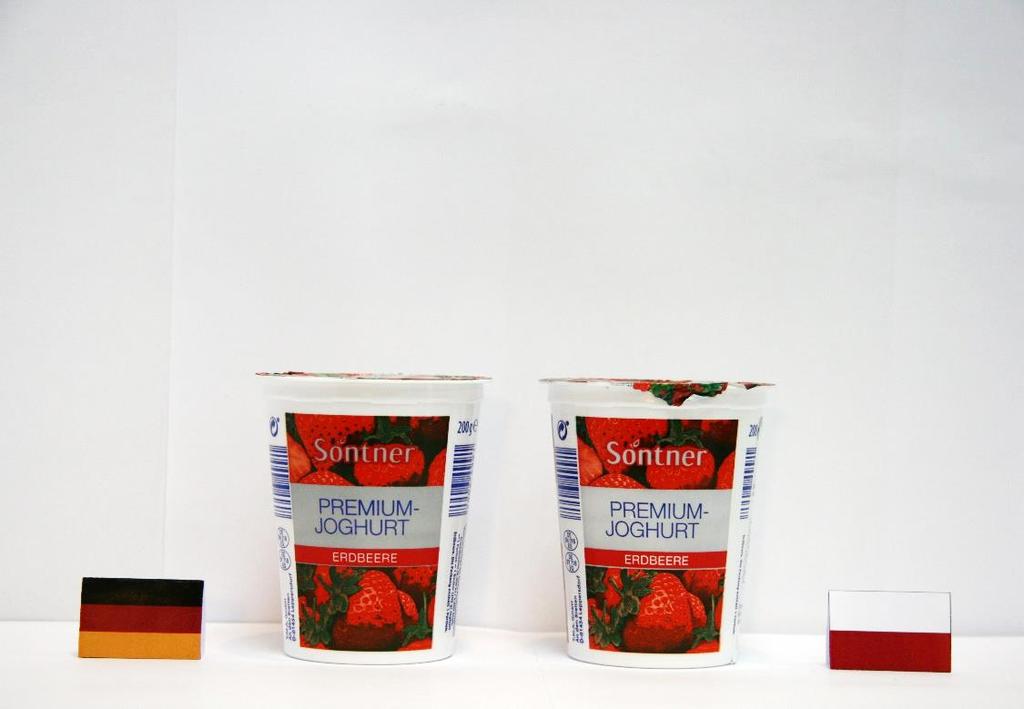 Jogurt truskawkowy premium (ALDI) Oznakowa: polska etykieta została precyzyj przetłumaczona z języka mieckiego (na etykiecie polskiego produktu podano jedy nazwę jogurt truskawkowy, w nazwie
