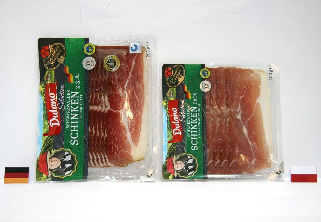 Szynka szwarzwaldzka ChOG* Dulano (LIDL) Oznakowa: *ChOG = Chronione Oznacze Geograficzne na opakowaniu polskiego produktu jest informacja o zawartości mięsa wieprzowego, na mieckim produkcie iej