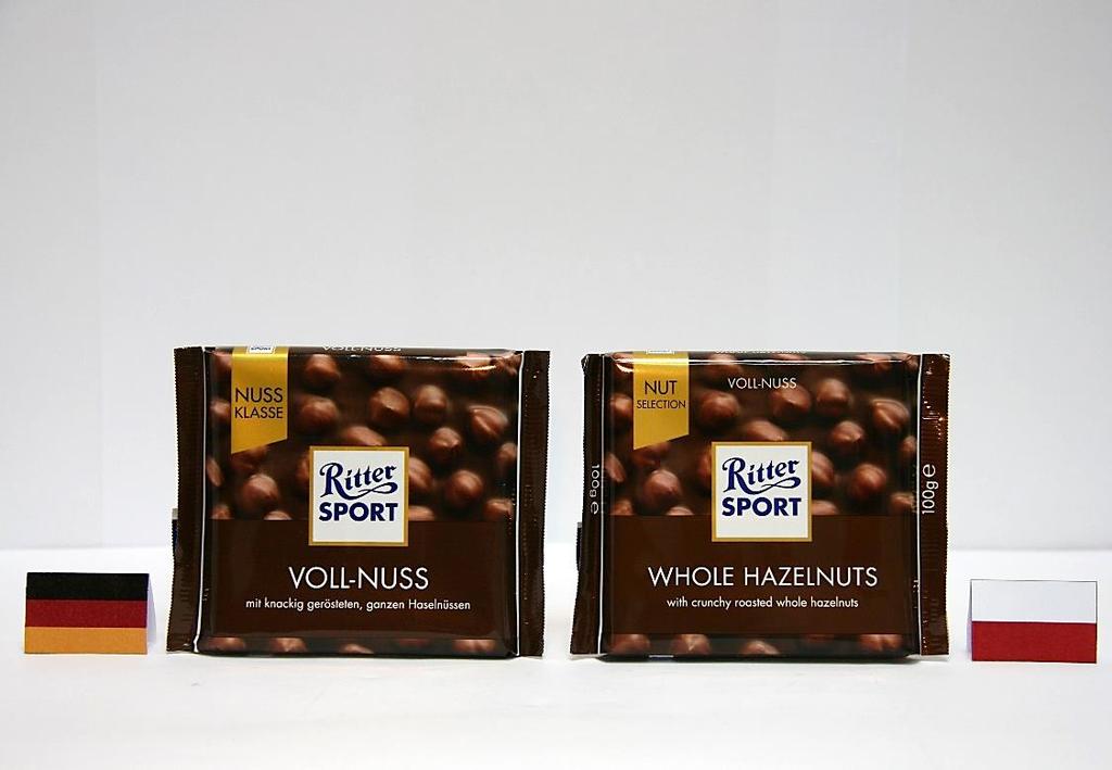 Czekolada Ritter Sport (LIDL) Oznakowa: produkt polski posiada z przodu informacje wyłącz w języku angielskim (choć jest przeznaczony na 5 krajów, z których żaden jest anglojęzyczny, tj.