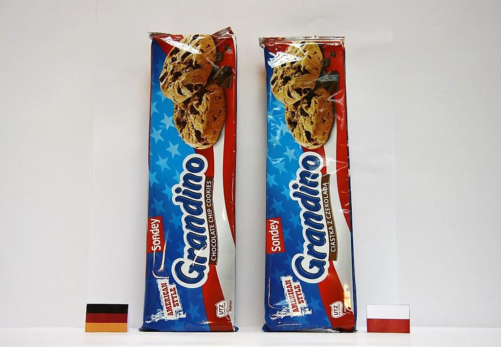 Ciastka z kawałkami czekolady Sondey Grandino (LIDL) Oznakowa: produkt miecki posiada z przodu informacje wyłącz w języku angielskim (choć jest przeznaczony tylko na Niemcy); produkt polski z przodu