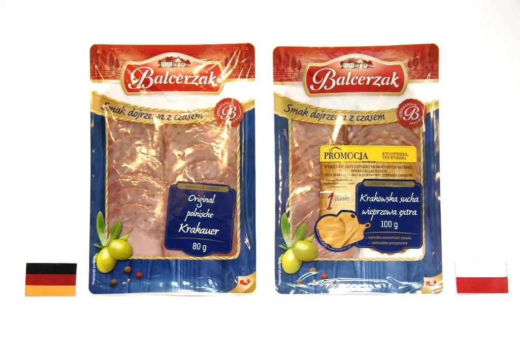 Kiełbasa krakowska sucha (KAUFLAND/ PIOTR i PAWEŁ) Oznakowa: produkt polski zawiera 100g masy, produkt miecki 80g, przy tej samej wielkości opakowania i podobnym wyglądzie etykiety.