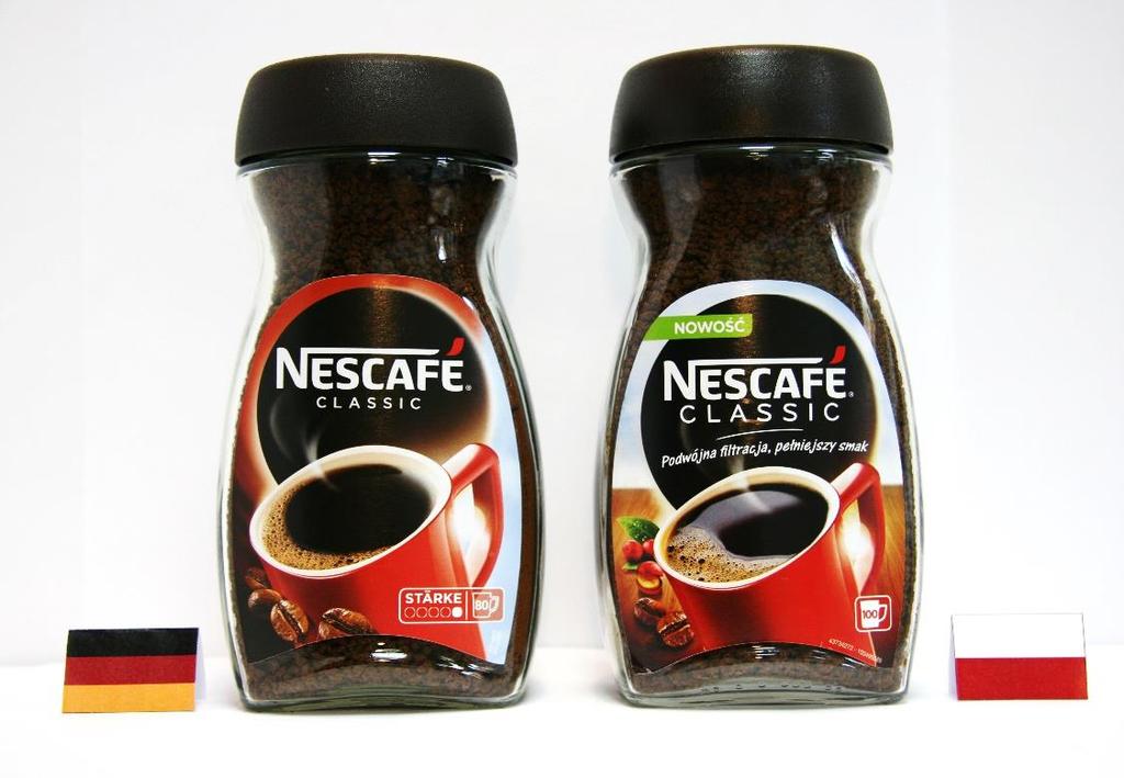 Kawa rozpuszczalna Nescafé (MAKRO) Oznakowa: na polskim produkcie umieszczono informację podwójna filtracja, pełjszy smak na mieckim zaznaczono tylko graficz moc, dla tej samej ilości kawy wskazano