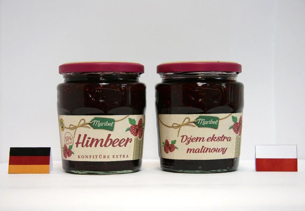 Dżem malinowy Maribel (LIDL) Oznakowa: na etykiecie czołowej polskiego produktu podano procentowej zawartości owoców, którą podano w przypadku mieckiego produktu, zadeklarowana łączna zawartość