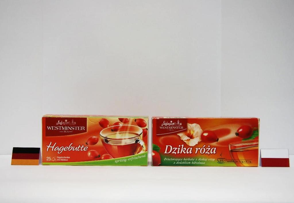 Herbata dzika róża (ALDI) Oznakowa: w wykazie składników mieckiego produktu podano procentową zawartość składników, na polskim produkcie brak iej informacji, na opakowaniu polskiego produktu podano
