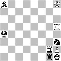 linii dla białych figur. Dwie tematyczne złudy z szachem. Całość ujmuje wdziękiem i elegancją. 1.Gc2+? We4 2.Hg5# 1...Ge4! 1.Hc2+? Ge4 2.Wf6# 1...We4! 1.G:f3? Gh4! 1.Se4!