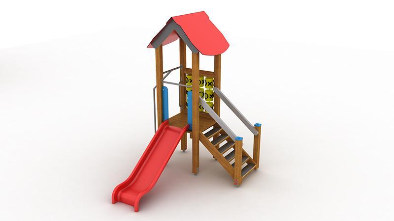 KARTA TECHNICZNA PLAC ZABAW BS - 01 Specyfikacja: wieża z dachem dwuspadowym ( podest h = 90 cm) zjeżdżalnia gra KÓŁKO I KRZYŻYK zjazd strażacki Specyfikacja materiałowa słupy nośne