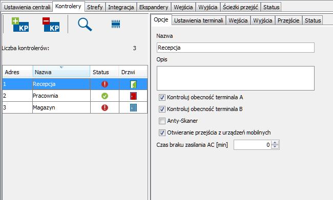 22 ACCO Soft SATEL przejście odblokowane (niebieskie drzwi zamknięte), przejście odblokowane i otwarte drzwi (niebieskie drzwi uchylone), przejście odblokowane z powodu pożaru (czerwony płomień i