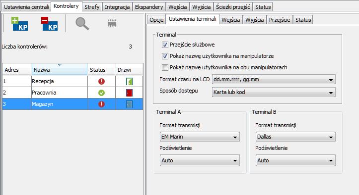 SATEL ACCO Soft 23 Kontroluj obecność terminala A / B po włączeniu opcji moduł sprawdza obecność manipulatorów LCD, klawiatur oraz czytników kart zbliżeniowych pracujących w charakterze terminala A