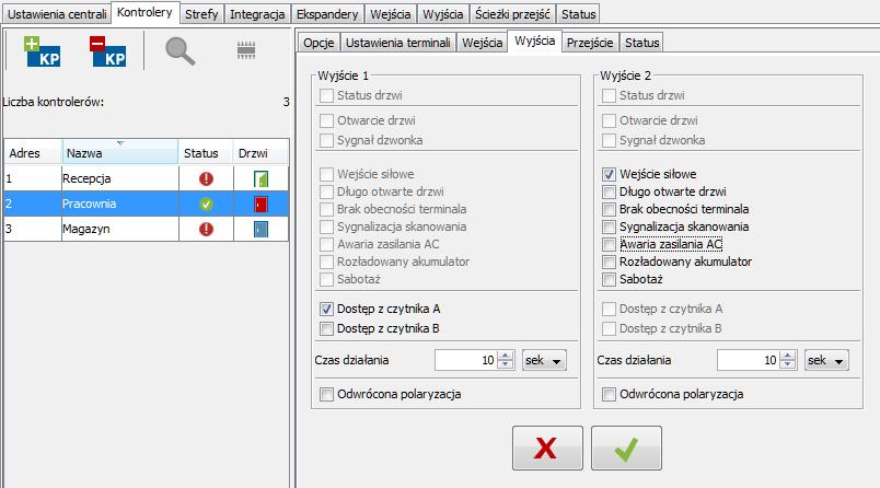 26 ACCO Soft SATEL Zakładka Wyjścia Status drzwi informuje o aktualnym stanie drzwi. Uaktywnia się wraz z otwarciem drzwi i pozostaje aktywne do czasu ich zamknięcia.