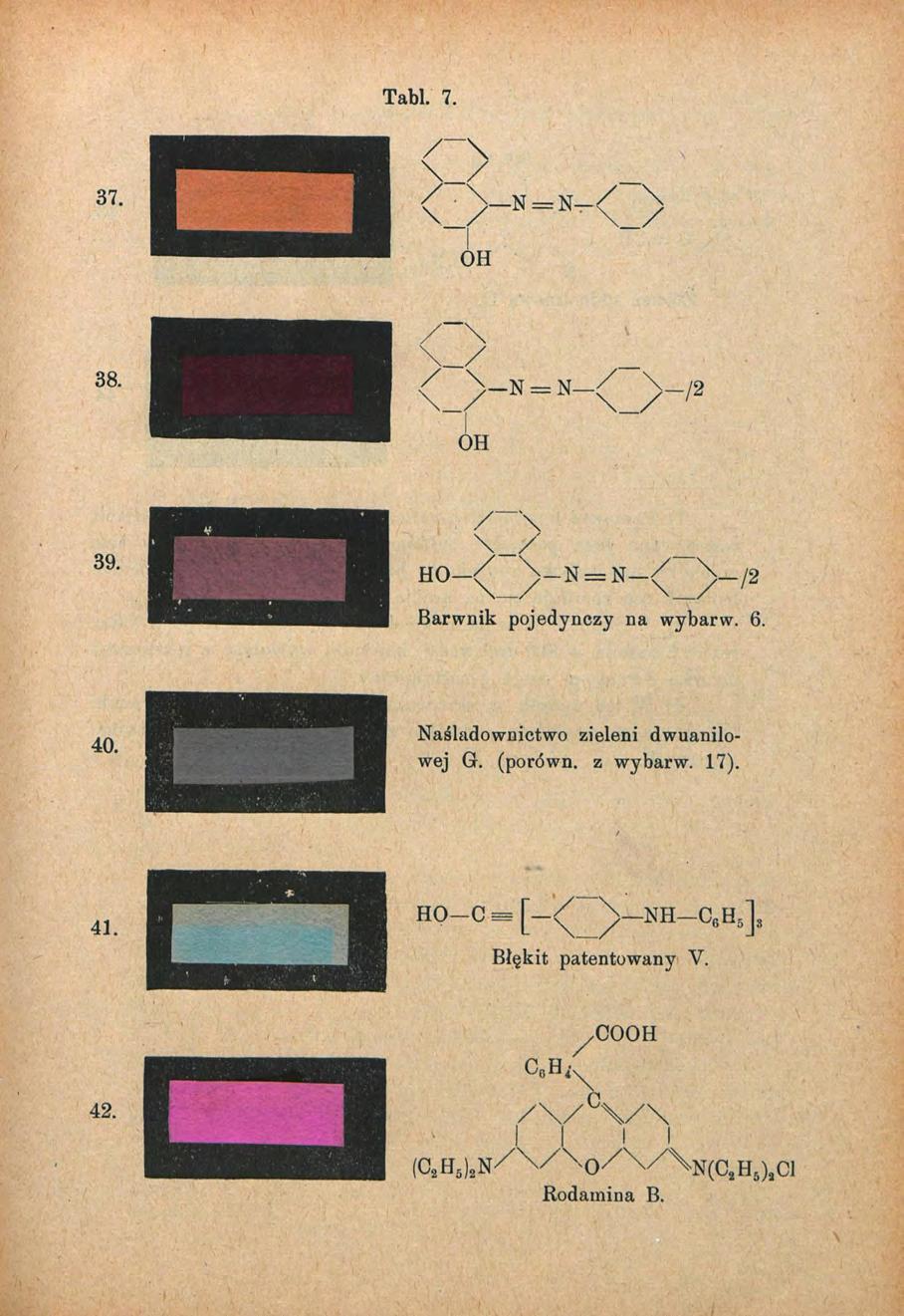Tabl. 7. OH OH Barwnik pojedynczy na wybarw. 6. Naśladownictwo zieleni dwuanilowej G. (porówn. z wybarw. 17).