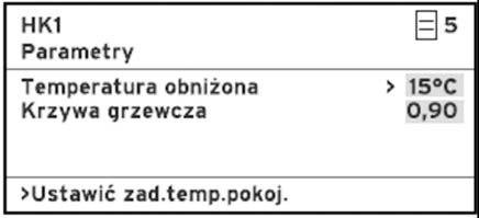 Wyświetlane ekrany Znaczenie parametrów i możliwości nastawy Ekran Parametry Z tego poziomu możliwe jest ustawienie dla każdego obiegu grzewczego zadanej temperatury obniżonej oraz krzywej grzewczej.