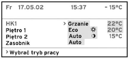 Wyświetlane ekrany Znaczenie parametrów i możliwości nastawy Ekran główny Na ekranie głównym oprócz daty, godziny oraz temperatury zewnętrznej znajdują się nazwy poszczególnych obiegów grzewczych