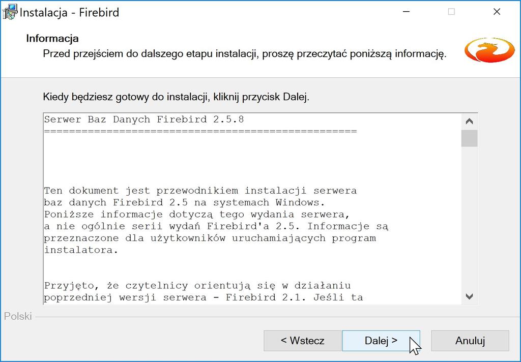 ponownie wybieramy ikonę DALEJ na ekranie pojawi się okno informujące o lokalizacji instalacji plików