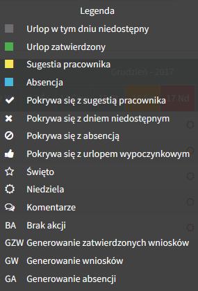 legenda - opis znaków jakie mogą wystąpić w planie: zakładki z poszczególnymi miesiącami należy wybrać dany miesiąc aby wyświetlić dane dla wszystkich pracowników w tabeli: przycisk Zatwierdź - jego