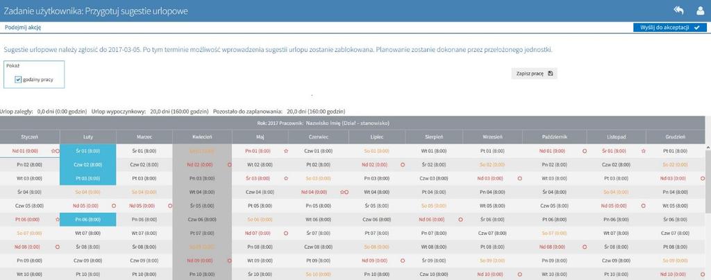 checkbox Pokaż godziny pracy dostępny dla pracowników, którzy w planerze urlopów mieli wybraną opcję Bilansuj w minutach, zaznaczenie tego checkboxa spowoduje wyświetlenie dostępnych dni urlopu w