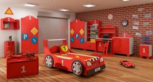 Łóżko TURBO CAR - płyta MDF (fronty) - płyta laminowana (korpusy) - drewno brzozowe (dodatki) - płyta HDF (doklejki) fronty: czerwone, szare, niebieskie