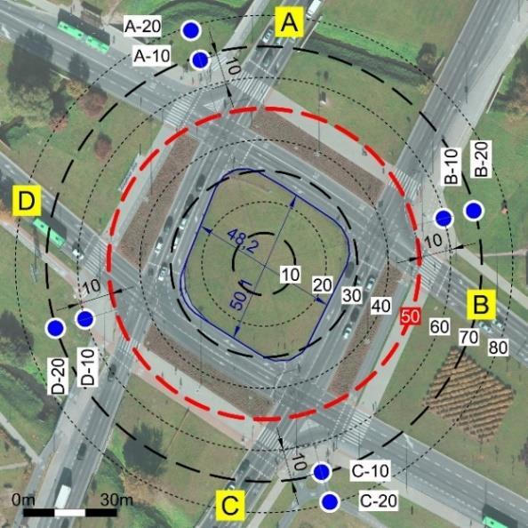 ukształtowania 4 4 skrzyżowania na zasięg oddziaływania hałasu 2 0 40 m 50 m m 70