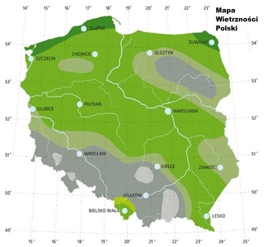 Rysunek 4. Mapa wietrzności Polski Źródło: http://bacon.umcs.lublin.pl Dokonując wyboru lokalizacji terenu pod budowę siłowni wiatrowych należy mieć na uwadze również ochronę krajobrazu istniejącego.
