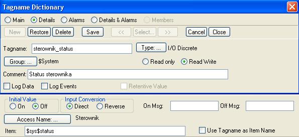 3. W oknie Tagname Dictionary naciśnij przycisk New i zdefiniuj nowa zmienną typu I\O Discrete o nazwie server_status według poniższych ustawień.
