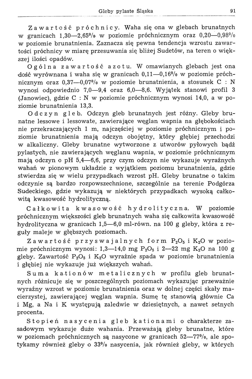 Gleby pylaste Śląska 91 Zawartość próchnicy. Waha się ona w glebach brunatnych w granicach 1,30 2,65% w poziomie próchnicznym oraz 0,20 0,98% w poziomie brunatnienia.