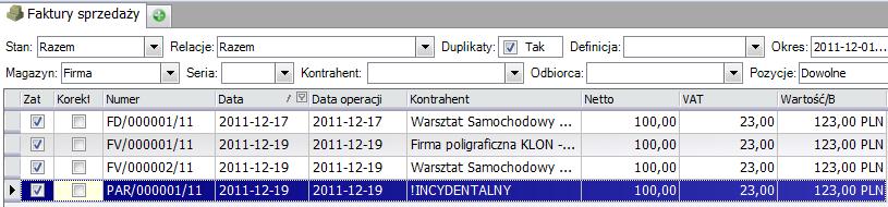 Lista sortowana wg dnia wystawienia dokumentu Zmianę sortowania uzyskujemy poprzez klikniecie w nagłówek innej kolumny.