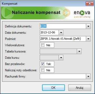 Naliczanie kompensat Dla dokumentów w różnych walutach należy zaznaczyć parametr Wielowalutowa (umożliwia wskazanie tabeli kursowej i daty kursu).