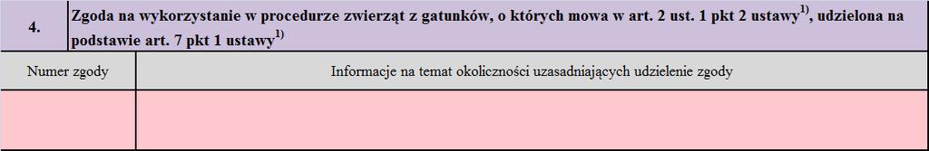 Informacja LKE załącznik nr 2 Pkt 4. Zgoda na wykorzystanie w procedurze zwierząt z gatunków, o których mowa w art. 2 ust. 1 pkt 2 Ustawy, udzielona na podstawie art. 7 pkt 1 Ustawy.