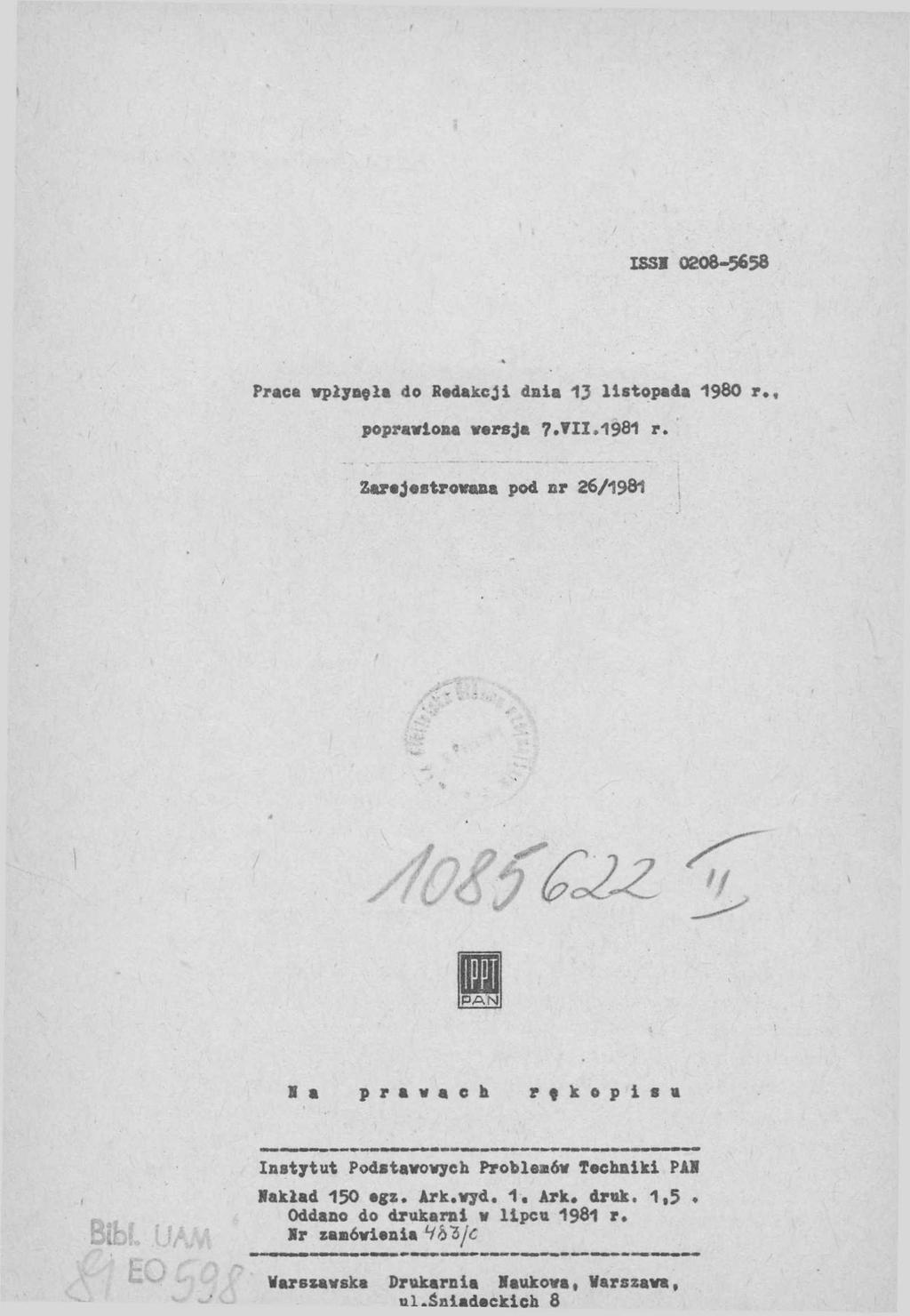 IS S I 0208-5658 Praca wpłynęła do Redakcji dnia 13 listopada 1980 r., poprawiona wersja 7.VII,1981 r.