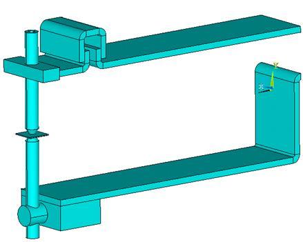 Na podstawie gabarytów zgrzewarki opracowano bazowy model komputerowy ANSYS Mechanical APDL ramion. Geometrię modelu wraz z fragmentem siatki pokazano na Rys. 3.