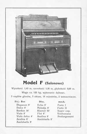 256 Ilustracja 4. Katalog fisharmonii M. Wybrański i S-ka z 1929 roku, model F Zakres dyszkantowy został wzbogacony o nisko brzmiący głos Klarnet 16.