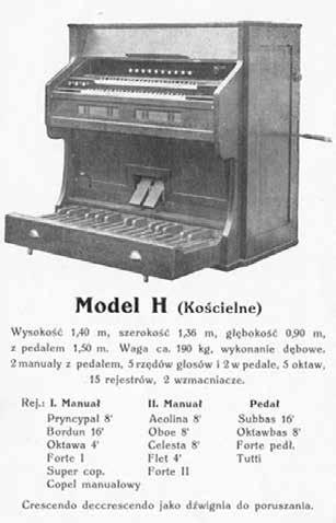 Bydgoska wytwórnia fisharmonii M. Wybrański i S-ka 257 Modele G i H, określane mianem Kościelne, dają możliwość opcjonalnego korzystania z klawiatury pedałowej.