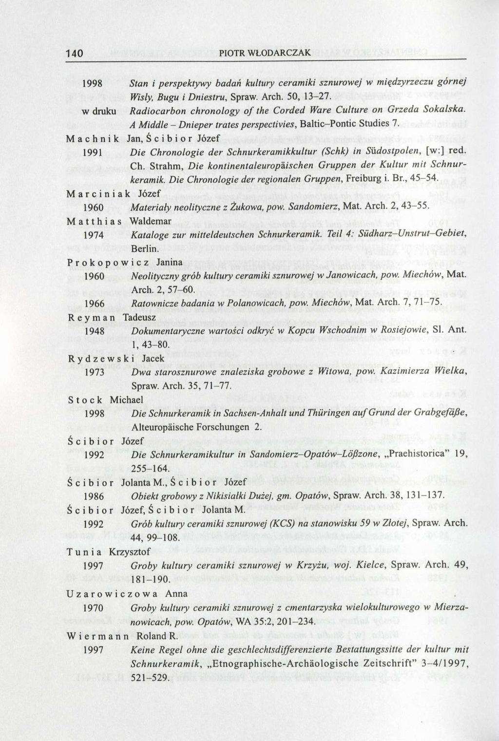 140 PIOTR WŁODARCZAK 1998 Stan i perspektywy badań kultury ceramiki sznurowej w międzyrzeczu górnej Wisły, Bugu i Dniestru, Spraw. Arch. 50, 13-27.