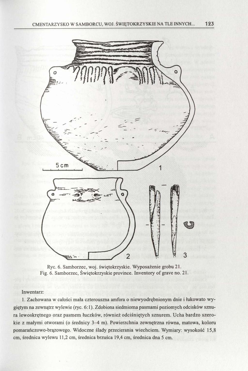 CMENTARZYSKO W SAMBORCU, WOJ. ŚWIĘTOKRZYSKIE NA TLE INNYCH... 123 Ryc. 6. Samborzec, woj. świętokrzyskie. Wyposażenie grobu 21. Fig. 6. Samborzec, Świętokrzyskie province. Inventory of grave no. 21. Inwentarz: 1.
