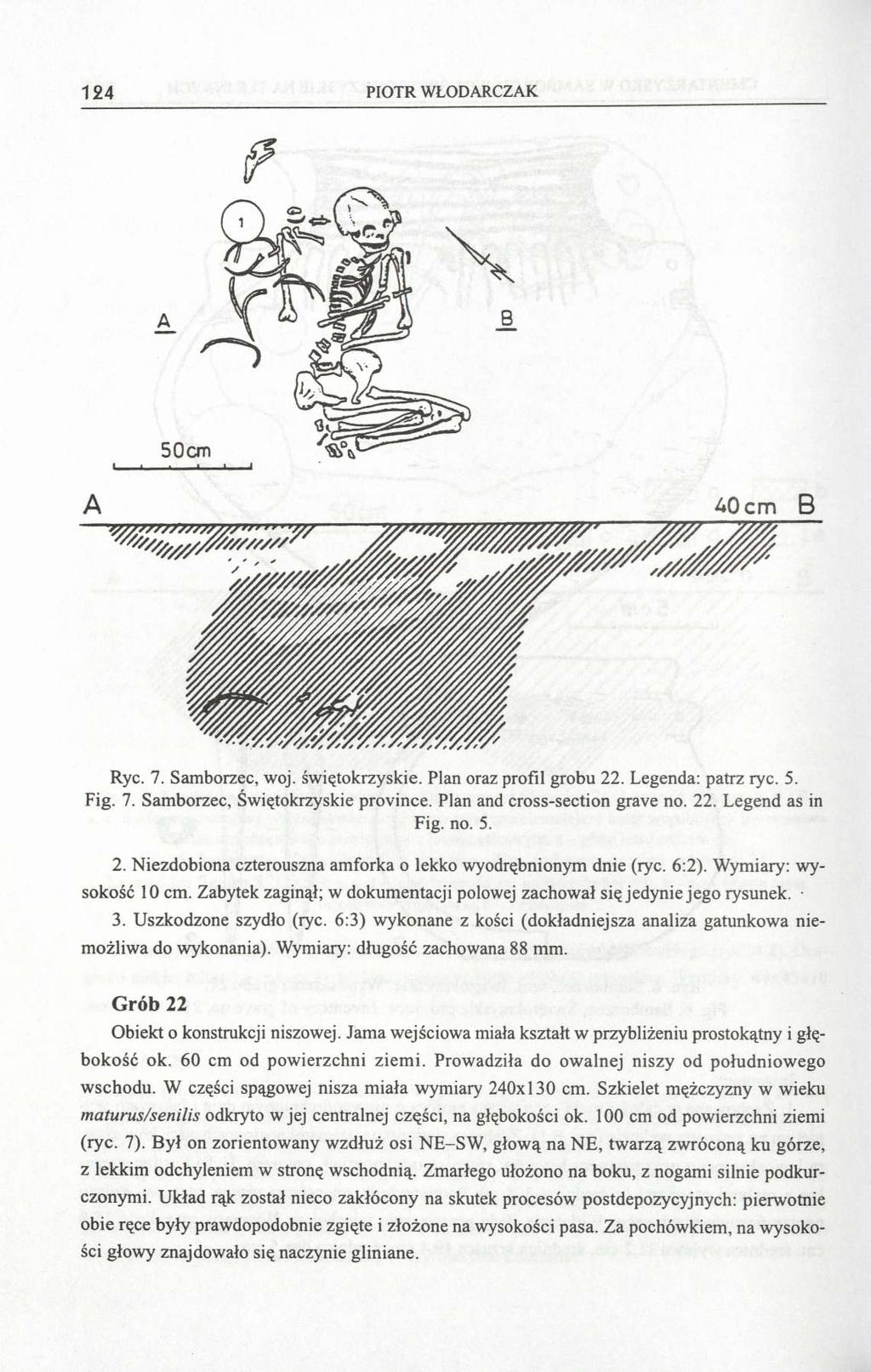 124 PIOTR WŁODARCZAK Ryc. 7. Samborzec, woj. świętokrzyskie. Plan oraz profil grobu 22. Legenda: patrz ryc. 5. Fig. 7. Samborzec, Świętokrzyskie province. Plan and cross-section grave no. 22. Legend as in Fig.